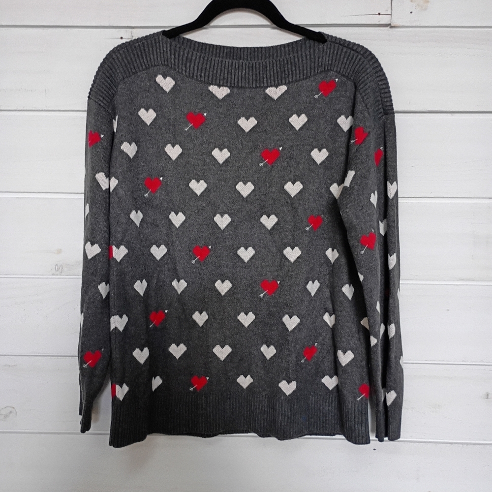 LOFT Gray Sweater with Red and White Heart Patterns - Picture 2 of 6